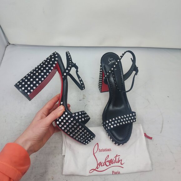CHRISTIAN LOUBOUTIN MOVIDA JANE BLACK SUEDE CRYSTAL PLATFORM SANDAL - Picture 1 of 11